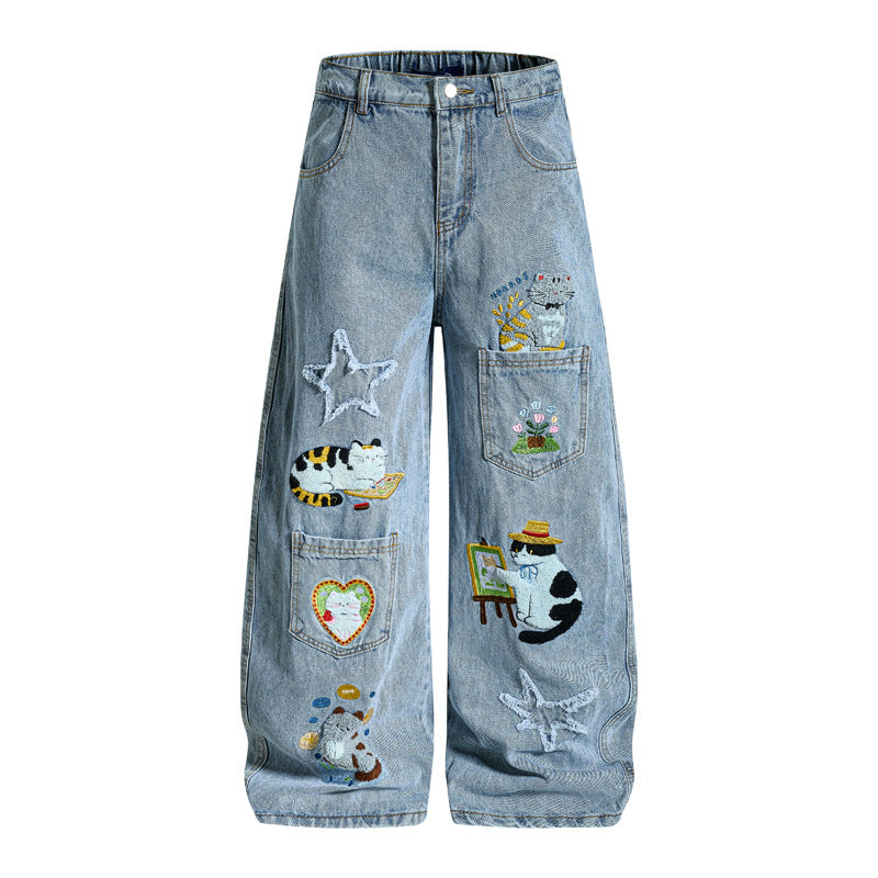 Cartoon Embroidery Loose Fit Jeans