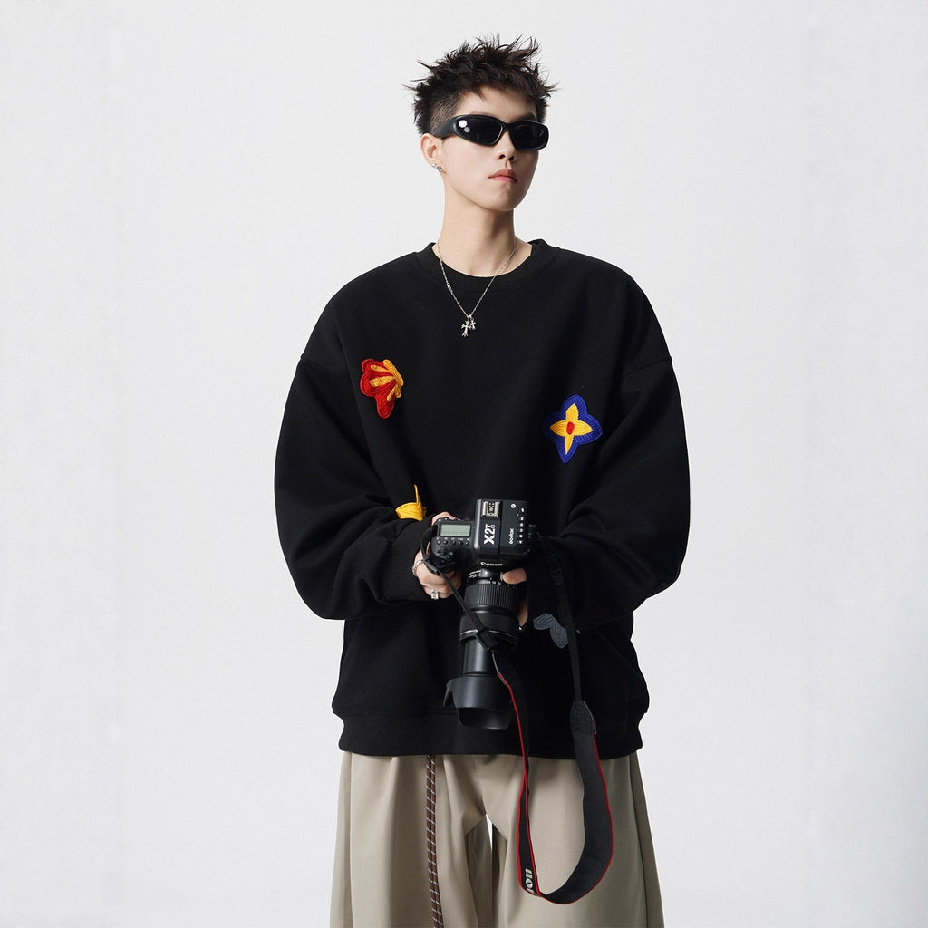 Heavyweight Floral Embroidery Crewneck Hoodie for Men, Winter  Casual Top Trendy Streetwear Couple Jacket