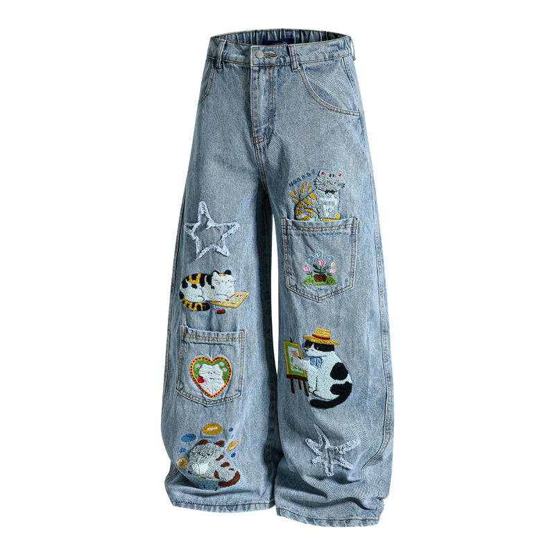 Cartoon Embroidery Loose Fit Jeans