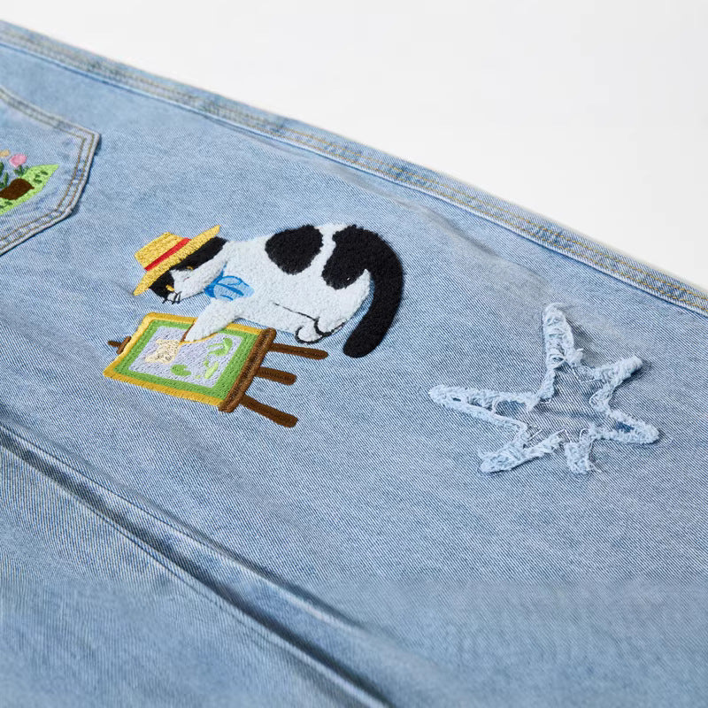 Cartoon Embroidery Loose Fit Jeans