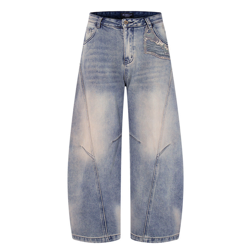 Vintage Washed Distressed Graffiti Slash Denim Pants Men's  Dirty Patchwork Design Streetwear Wide Leg Pants
