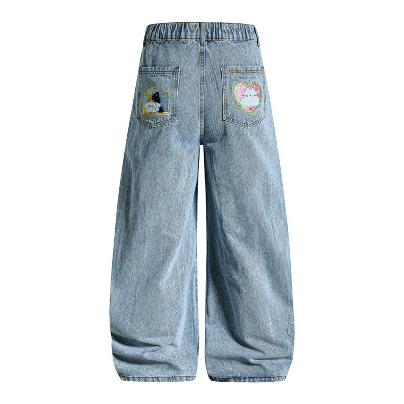 Cartoon Embroidery Loose Fit Jeans