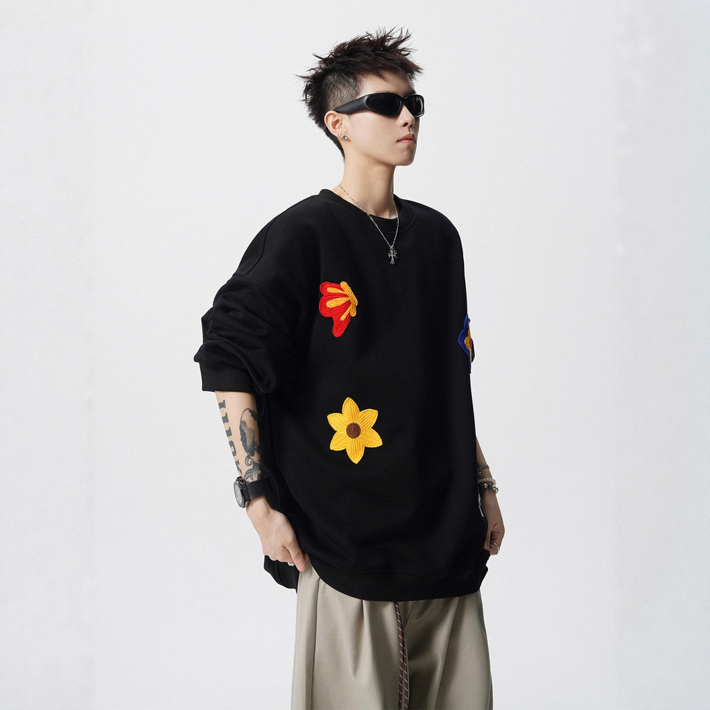 Heavyweight Floral Embroidery Crewneck Hoodie for Men, Winter  Casual Top Trendy Streetwear Couple Jacket