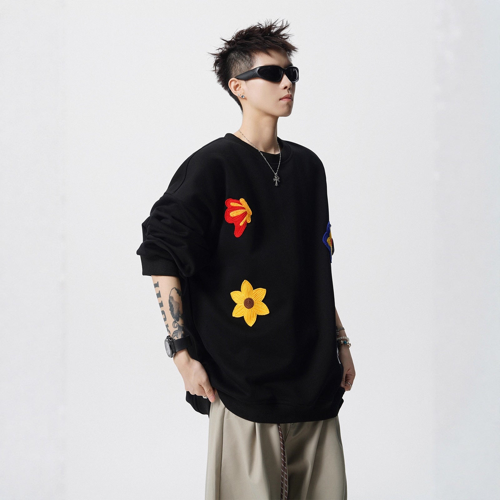 Heavyweight Floral Embroidery Crewneck Hoodie for Men, Winter  Casual Top Trendy Streetwear Couple Jacket