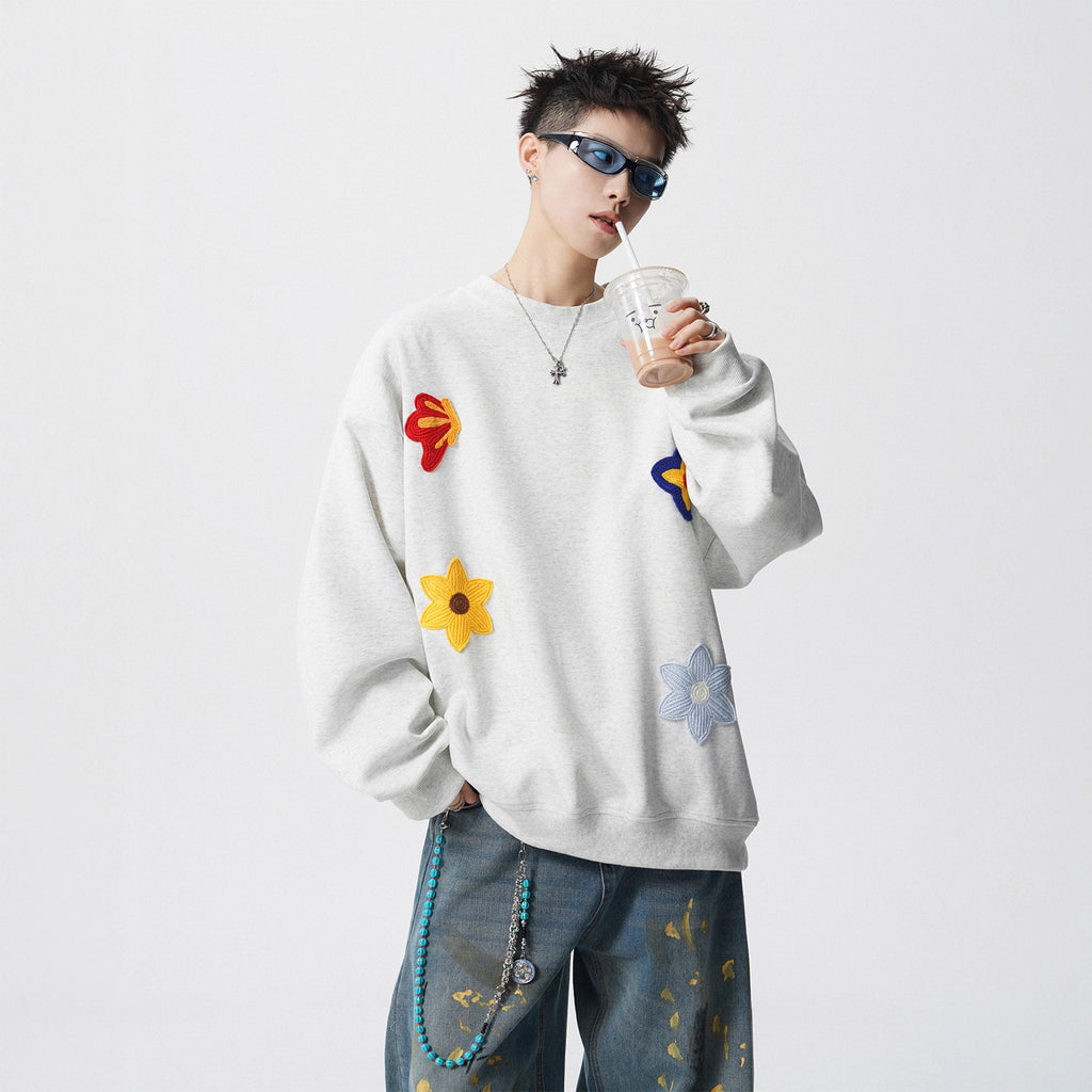 Heavyweight Floral Embroidery Crewneck Hoodie for Men, Winter  Casual Top Trendy Streetwear Couple Jacket