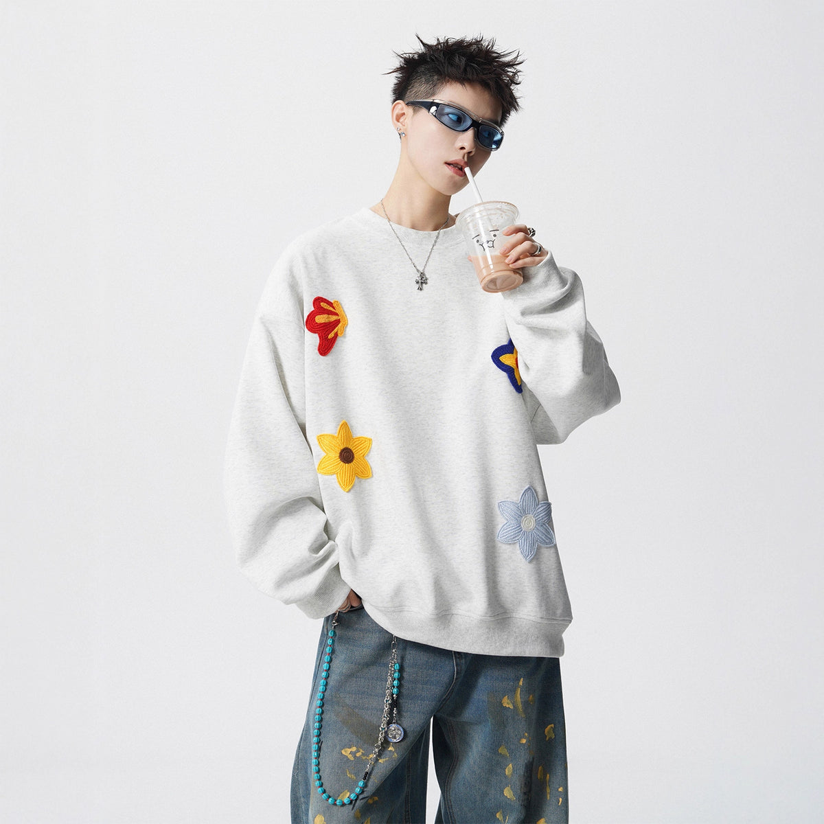 Heavyweight Floral Embroidery Crewneck Hoodie for Men, Winter  Casual Top Trendy Streetwear Couple Jacket