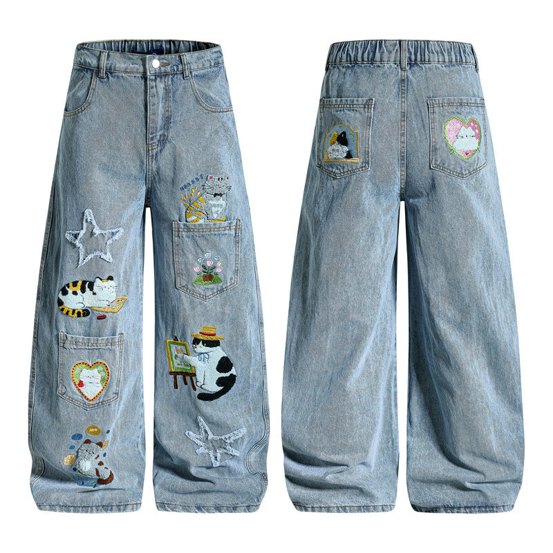 Cartoon Embroidery Loose Fit Jeans