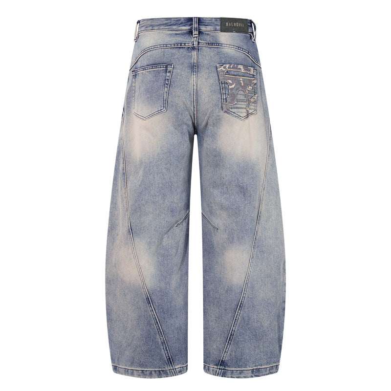 Vintage Washed Distressed Graffiti Slash Denim Pants Men's  Dirty Patchwork Design Streetwear Wide Leg Pants